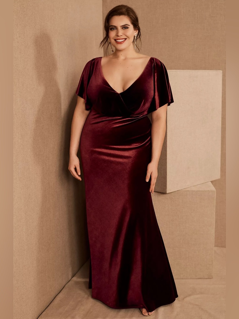 ANTHROPOLOGIE X Jenny Yoo Ellis Flutter-Sleeve Open-Back Stretch Velvet Gown